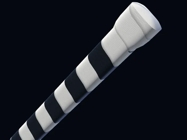 Candy cane on the handle of a hockey stick, rendered in 3D.